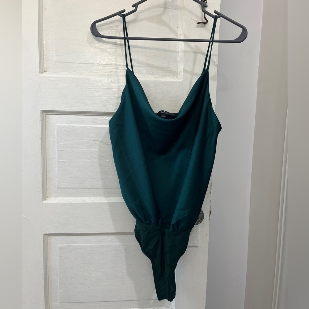 Lulu's Deep Teal Satin Cowl Neck Bodysuit